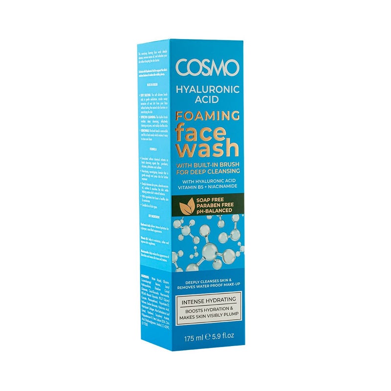 COSMO Hyaluronic Acid Foaming Face Wash 175ml, With Built-in Brush for Deep Cleansing, Paraben Free & Ph Balanced, Boosts Hydration and makes Skin Visibly Plump, For Daily Use - Image 4
