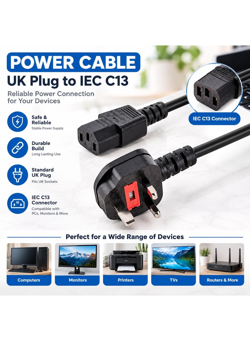 نيفيو كابل طاقة كمبيوتر بريطاني 1.8 متر، 18AWG من BS 1363 إلى C13، كابل كهرباء 10A 250V، كابل طاقة بديل AC للكمبيوتر، الشاشة، التلفاز، الطابعة، كابل كيتل بفيشة UK، كابل إمداد طاقة أسود - Image 1