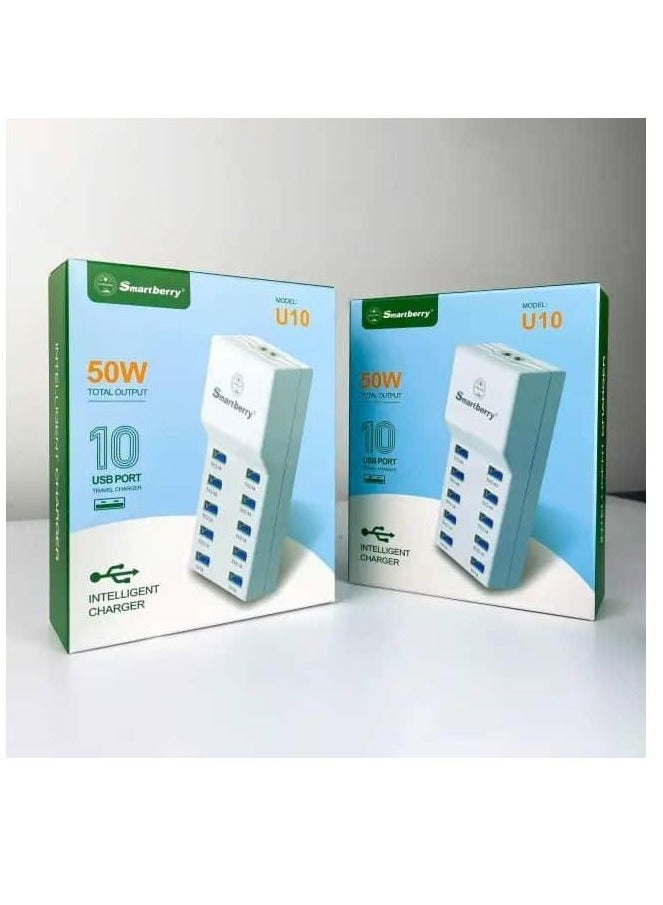 SmartBerry U10 50W 10-Port USB Charger – Fast Wall Adapter with Smart Auto-Detect Tech for Phones, Tablets & Laptops - Image 4