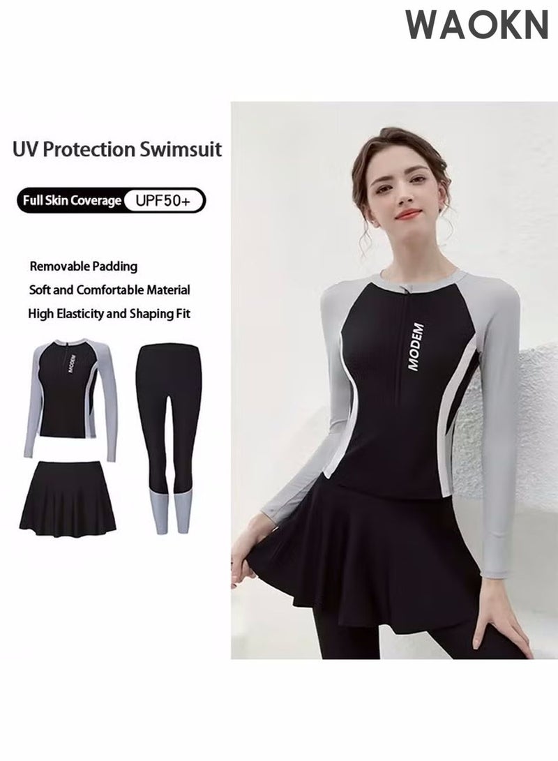 WAOKN Modest 3-Piece Swimsuit Set for Women - Includes Swimwear, Swim Skirt & Swim Shorts, UV Protection Bathing Suit, Elegant Tummy Control Design, Perfect for Surfing & Swimming，Black Gray，M(40-60KG) - Image 1