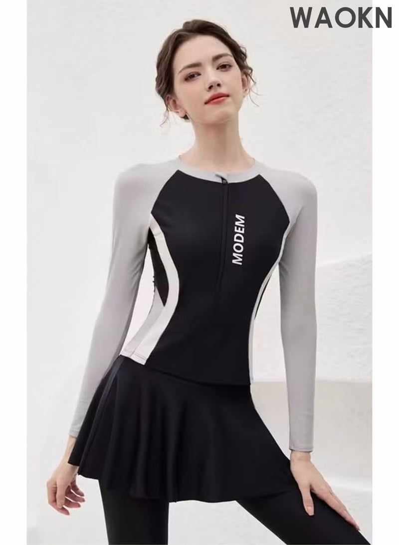 WAOKN Modest 3-Piece Swimsuit Set for Women - Includes Swimwear, Swim Skirt & Swim Shorts, UV Protection Bathing Suit, Elegant Tummy Control Design, Perfect for Surfing & Swimming，Black Gray，M(40-60KG) - Image 3