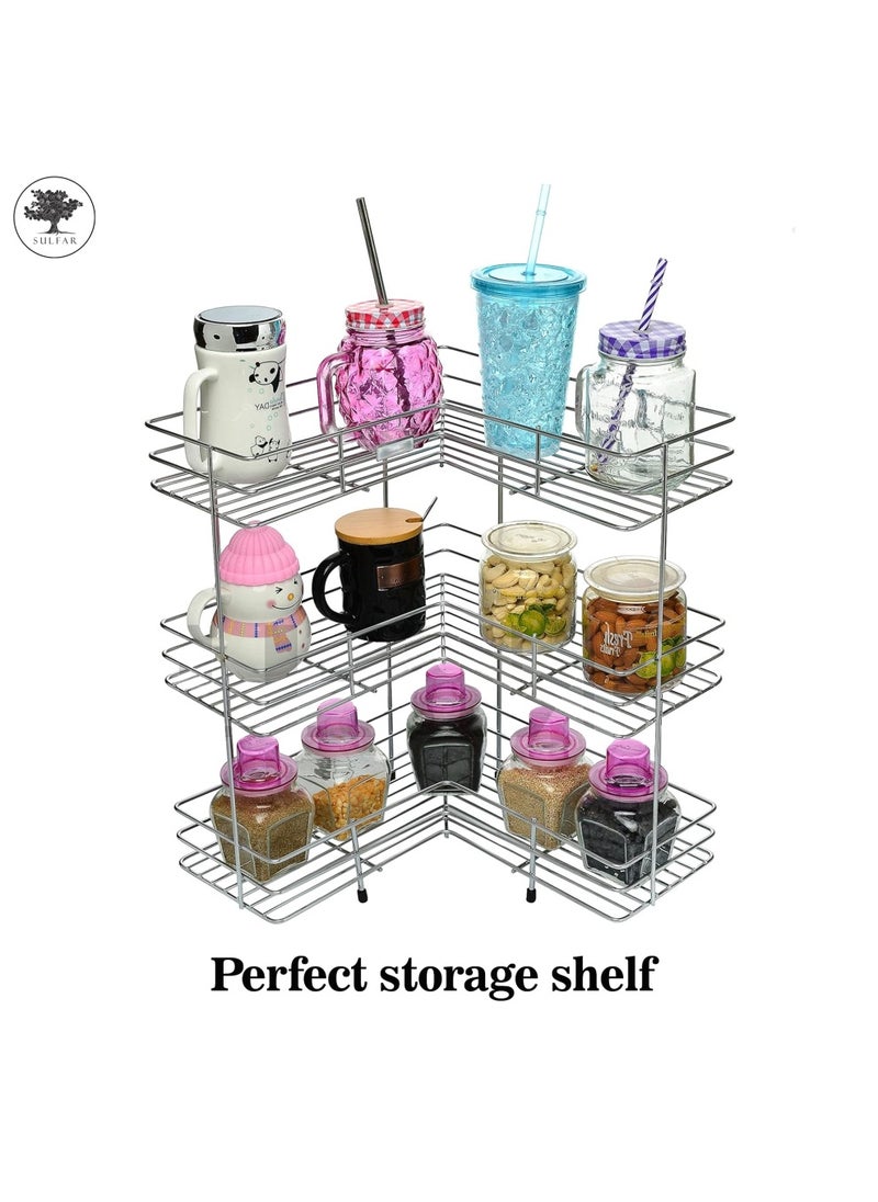 sulfar - 3 Layer L Corner Shape Stand Set Of 3 Layer Stainless Steel Multipurpose Wall Mount Storage Rack, Shelf For Kitchen And Bathroom (3 Layer, Corner Shelf) Silver - Image 1