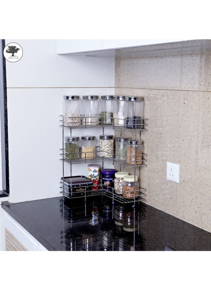 sulfar - 3 Layer L Corner Shape Stand Set Of 3 Layer Stainless Steel Multipurpose Wall Mount Storage Rack, Shelf For Kitchen And Bathroom (3 Layer, Corner Shelf) Silver - Image 1