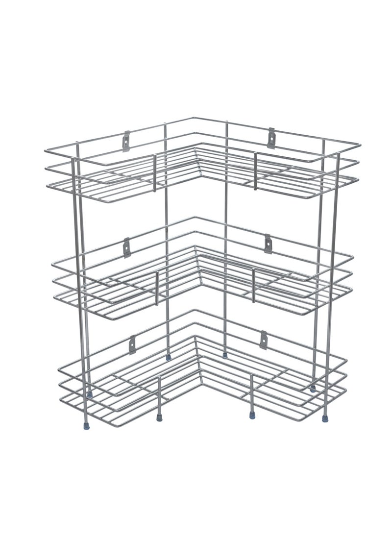 sulfar - 3 Layer L Corner Shape Stand Set Of 3 Layer Stainless Steel Multipurpose Wall Mount Storage Rack, Shelf For Kitchen And Bathroom (3 Layer, Corner Shelf) Silver - Image 1