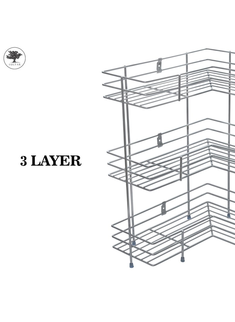 sulfar - 3 Layer L Corner Shape Stand Set Of 3 Layer Stainless Steel Multipurpose Wall Mount Storage Rack, Shelf For Kitchen And Bathroom (3 Layer, Corner Shelf) Silver - Image 1