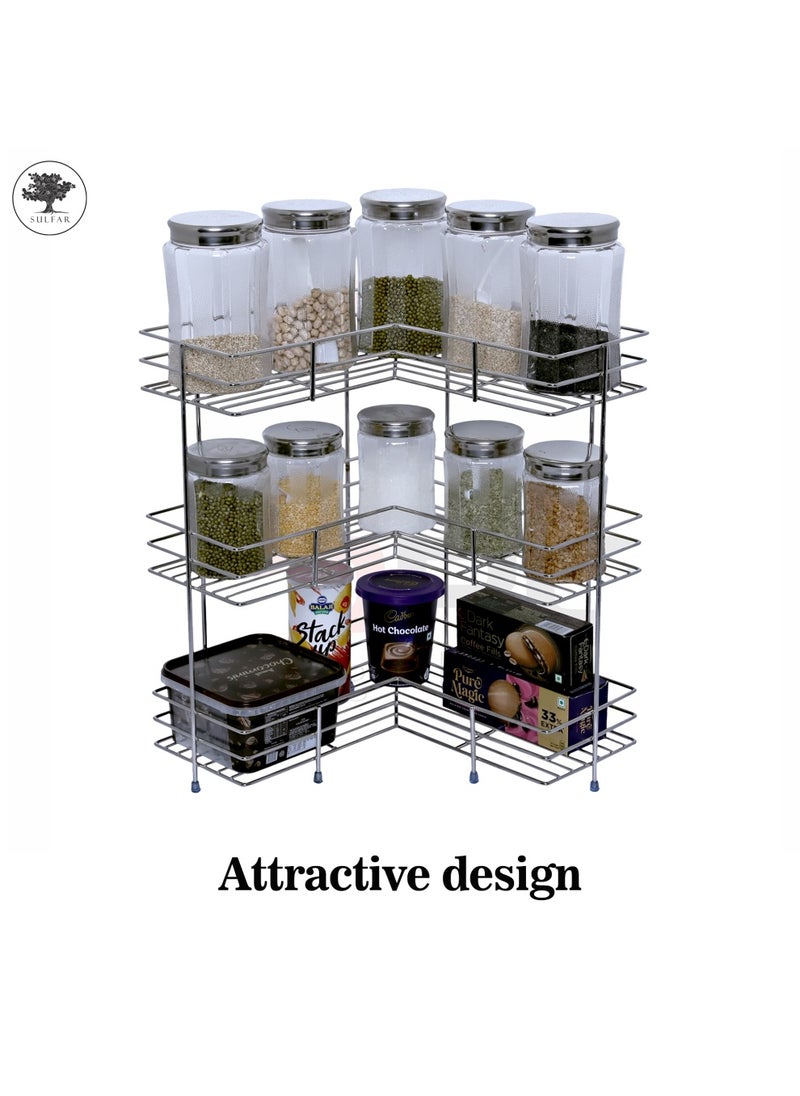 sulfar - 3 Layer L Corner Shape Stand Set Of 3 Layer Stainless Steel Multipurpose Wall Mount Storage Rack, Shelf For Kitchen And Bathroom (3 Layer, Corner Shelf) Silver - Image 1