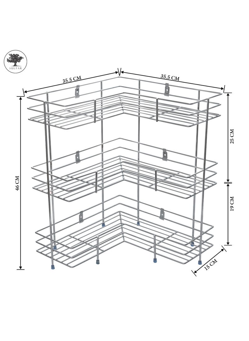 sulfar - 3 Layer L Corner Shape Stand Set Of 3 Layer Stainless Steel Multipurpose Wall Mount Storage Rack, Shelf For Kitchen And Bathroom (3 Layer, Corner Shelf) Silver - Image 1