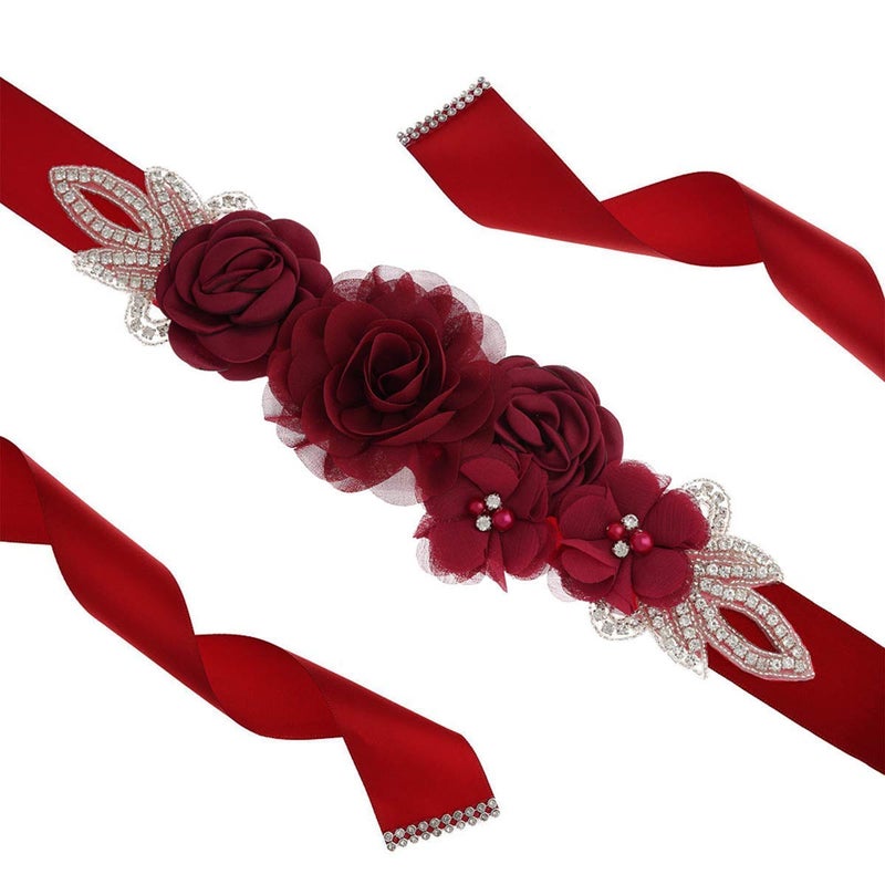 Lauthen.S Sash Belt with Flowers Pearls Rhinestone for Wedding Bride/Baby Shower Dress (One Size, Wine Red) - Image 2