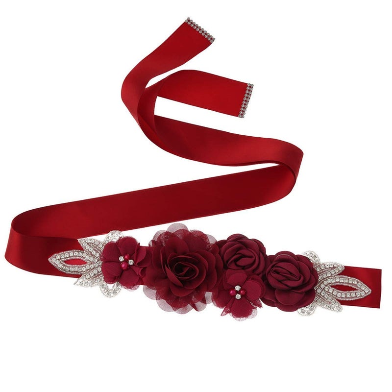 Lauthen.S Sash Belt with Flowers Pearls Rhinestone for Wedding Bride/Baby Shower Dress (One Size, Wine Red) - Image 1