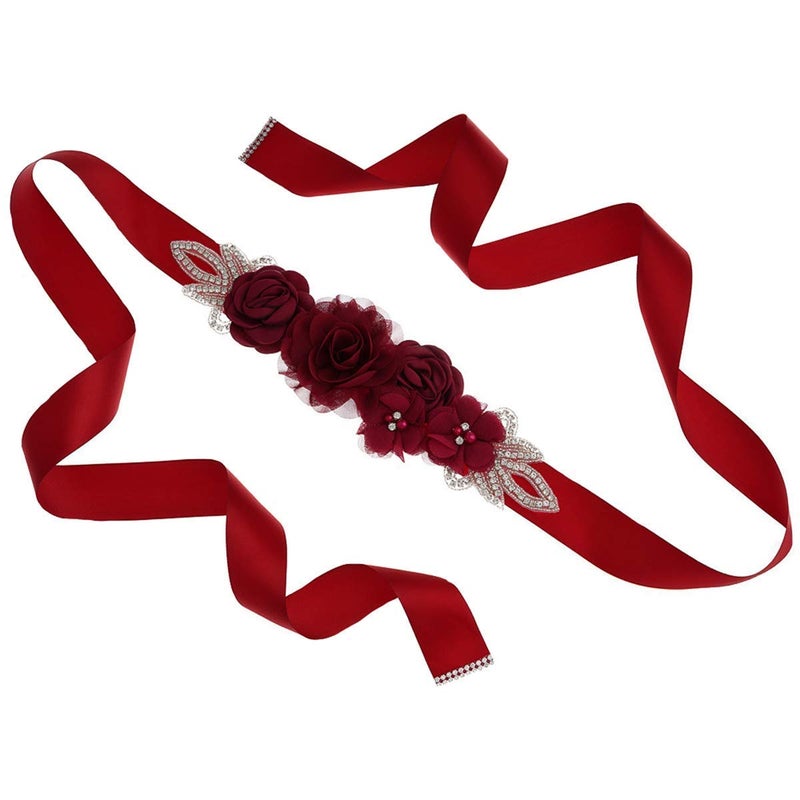 Lauthen.S Sash Belt with Flowers Pearls Rhinestone for Wedding Bride/Baby Shower Dress (One Size, Wine Red) - Image 3