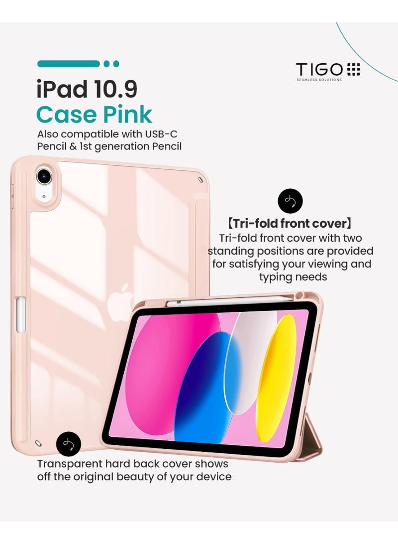 T I G O iPad 11th (A16, 2025) & 10.9 Inch 10th Gen Case with Pencil Holder 2022 Clear Transparent Back Shell Trifold Protective cover Shockproof Cover for 2022 iPad 10th Gen A2696 A2757 A2777 Pink  - Image 1