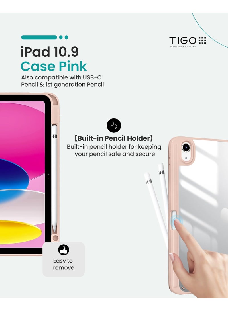 T I G O iPad 11th (A16, 2025) & 10.9 Inch 10th Gen Case with Pencil Holder 2022 Clear Transparent Back Shell Trifold Protective cover Shockproof Cover for 2022 iPad 10th Gen A2696 A2757 A2777 Pink  - Image 3