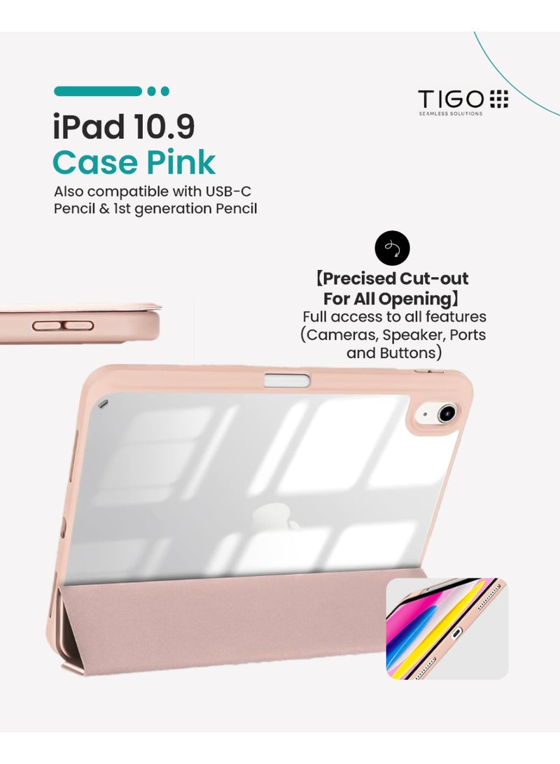 T I G O iPad 11th (A16, 2025) & 10.9 Inch 10th Gen Case with Pencil Holder 2022 Clear Transparent Back Shell Trifold Protective cover Shockproof Cover for 2022 iPad 10th Gen A2696 A2757 A2777 Pink  - Image 4