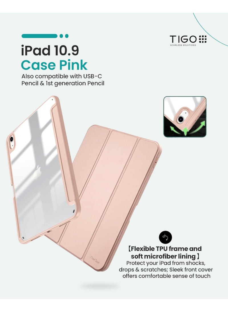 T I G O iPad 11th (A16, 2025) & 10.9 Inch 10th Gen Case with Pencil Holder 2022 Clear Transparent Back Shell Trifold Protective cover Shockproof Cover for 2022 iPad 10th Gen A2696 A2757 A2777 Pink  - Image 5