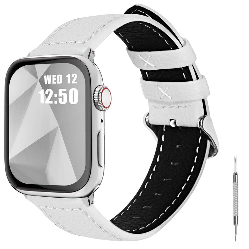Fullmosa Compatible with Apple Watch Band Leather 49mm 46mm 45mm 44mm 42mm 41mm 40mm 38mm for iWatch Series 11/10/9/8/7/6/5/4/3/2/1, Ultra3/2/1, SE3/2/1, White + silver buckle - Image 1