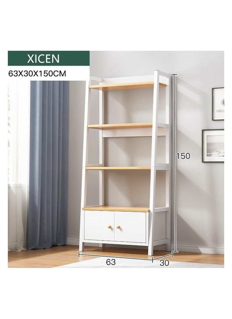 XICEN - 4 Tier Bookcase Shelf with Drawer, Metal Frame Organizer, Display Case with Cabinet Door and Pull Handle for Study Room, Bedroom, Wooden Cube Bookshelf for Home Office School Library (White) - Image 1