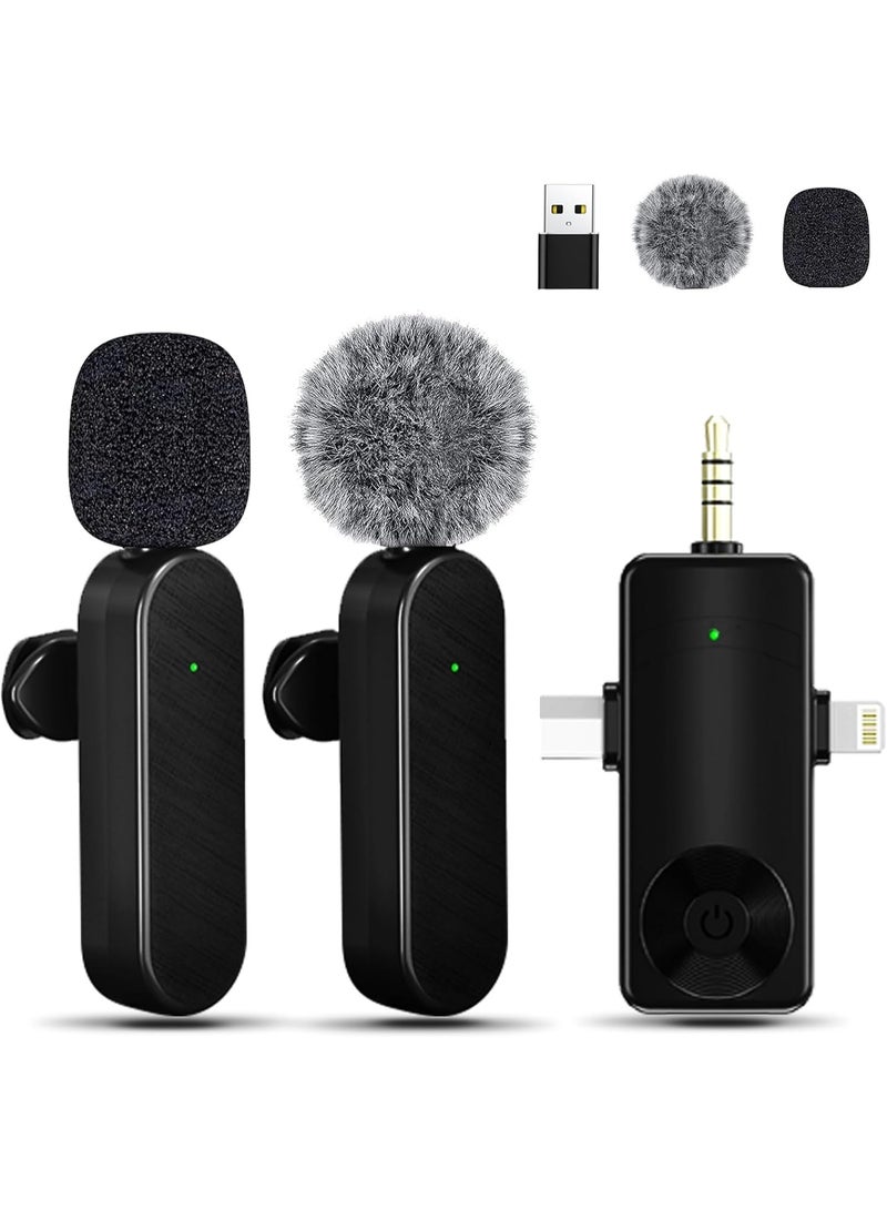 Mini Microphone for iPhone Android Camera iPad USB-C, 4 in 1 Professional Wireless Lavalier Lapel Microphone for Recording, Live Stream, YouTube, Facebook, TikTok, Vlog (2 Pcs) - Image 1