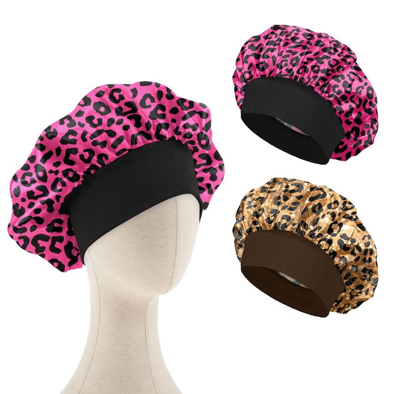 WIRESTER Set of 2 Satin Hair Bonnet for Sleeping, Fashion Sleep Cap, Silk Bonnet with Elastic Soft Band for Women Girls - Black Pink Leopard, Gold Sparkle Black Yellow Glitter Leopard - Image 1