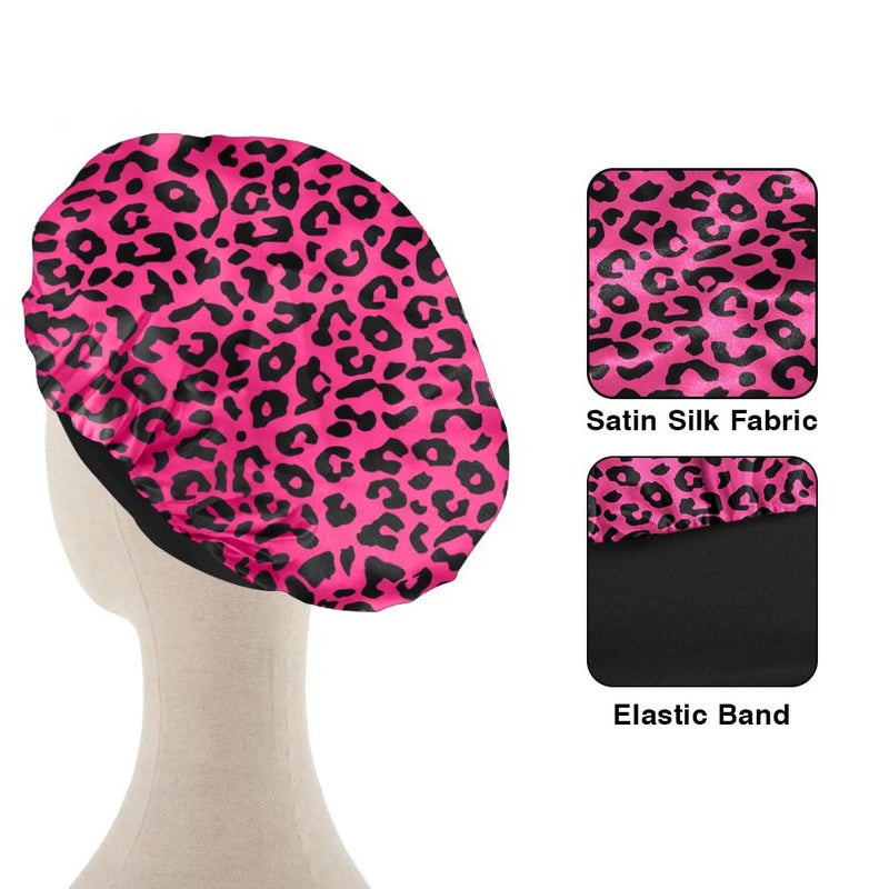 WIRESTER Set of 2 Satin Hair Bonnet for Sleeping, Fashion Sleep Cap, Silk Bonnet with Elastic Soft Band for Women Girls - Black Pink Leopard, Gold Sparkle Black Yellow Glitter Leopard - Image 4