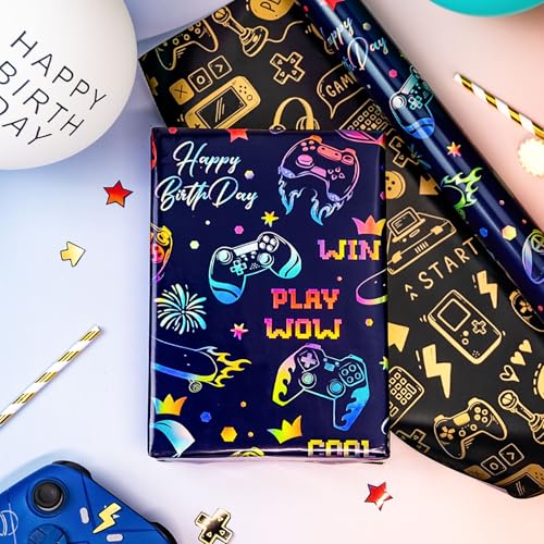 Yarcony Gaming Wrapping Paper, Blue Birthday Wrapping Paper for Boys, Holographic Video Game Controller Theme Gift Wrap for Boys Men Birthday, Christmas, Father's Day (Mini Roll, 17 In X 33 Ft) - Image 2