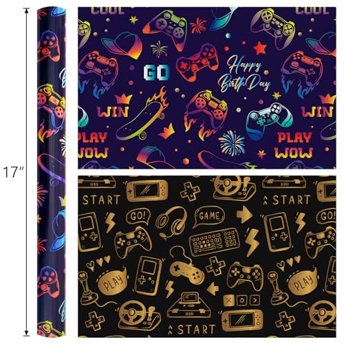 Yarcony Gaming Wrapping Paper, Blue Birthday Wrapping Paper for Boys, Holographic Video Game Controller Theme Gift Wrap for Boys Men Birthday, Christmas, Father's Day (Mini Roll, 17 In X 33 Ft) - Image 3