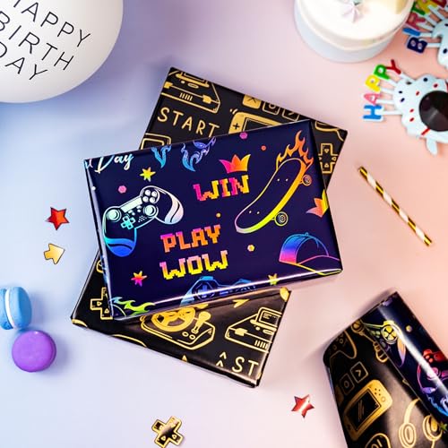 Yarcony Gaming Wrapping Paper, Blue Birthday Wrapping Paper for Boys, Holographic Video Game Controller Theme Gift Wrap for Boys Men Birthday, Christmas, Father's Day (Mini Roll, 17 In X 33 Ft) - Image 4
