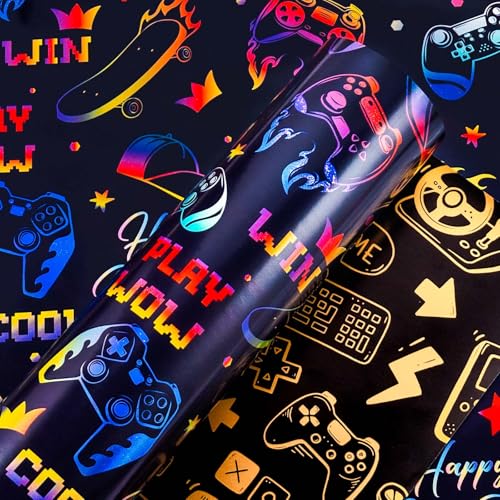 Yarcony Gaming Wrapping Paper, Blue Birthday Wrapping Paper for Boys, Holographic Video Game Controller Theme Gift Wrap for Boys Men Birthday, Christmas, Father's Day (Mini Roll, 17 In X 33 Ft) - Image 1