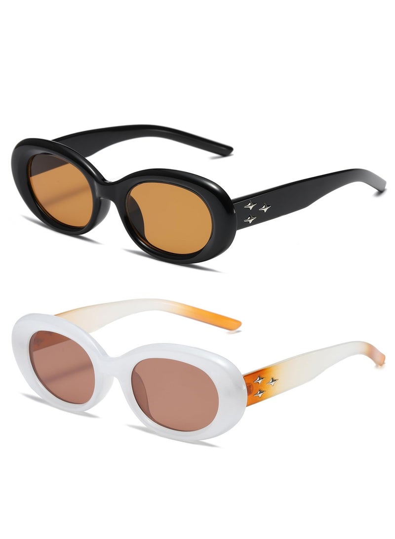 Excefore نظارات شمسية بيضاوية عتيقة للنساء والرجال، قطعتان من النظارات الشمسية الدائرية البيضاوية العصرية، نظارات شمسية على طراز Viatage التسعينيات، حماية من الأشعة فوق البنفسجية 400 نظارات قيادة بيضاوية عتيقة خارجية للنساء والرجال - Image 1