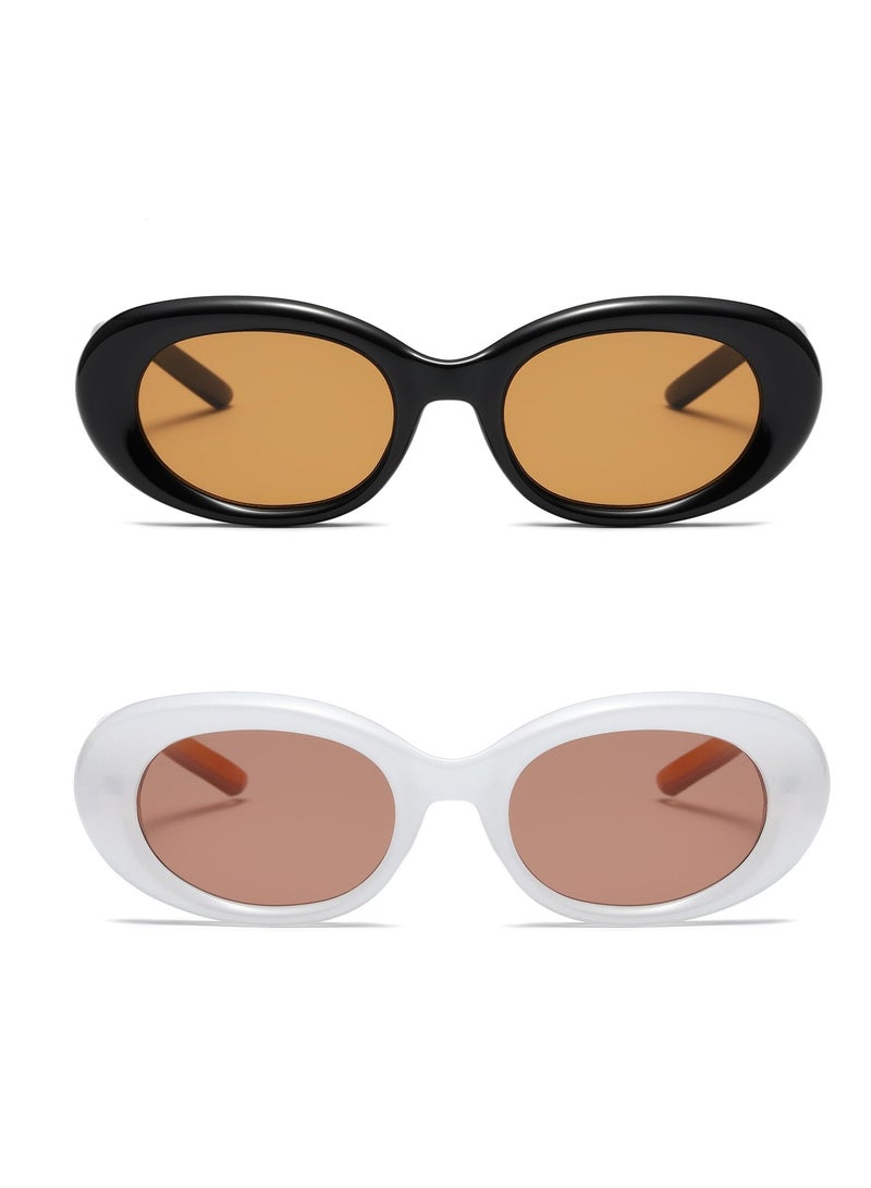 Excefore نظارات شمسية بيضاوية عتيقة للنساء والرجال، قطعتان من النظارات الشمسية الدائرية البيضاوية العصرية، نظارات شمسية على طراز Viatage التسعينيات، حماية من الأشعة فوق البنفسجية 400 نظارات قيادة بيضاوية عتيقة خارجية للنساء والرجال - Image 2