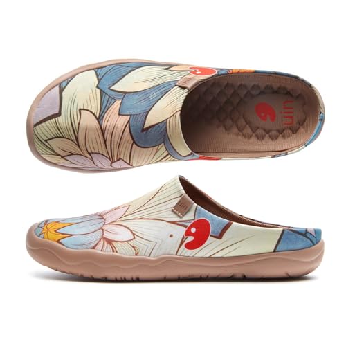 UIN Women's Slipper Fashion Canvas Comfort Travel Art Painted Shoes Wide Toe Casual Household Slip On Mules Nelumbo (7) - Image 1