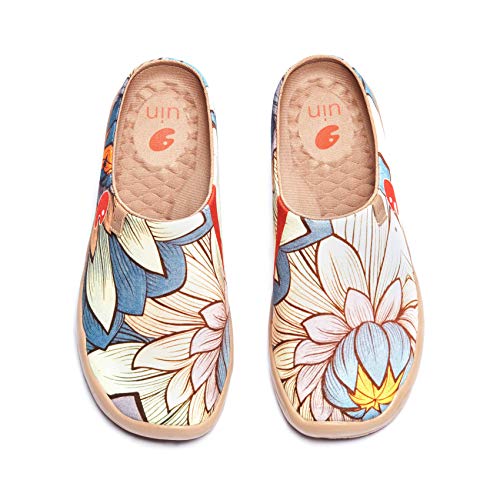 UIN Women's Slipper Fashion Canvas Comfort Travel Art Painted Shoes Wide Toe Casual Household Slip On Mules Nelumbo (7) - Image 3
