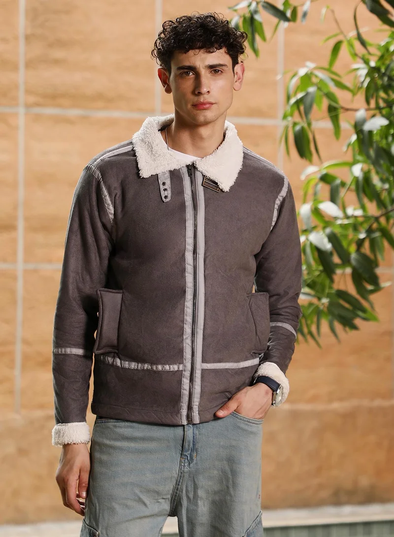 Campus Sutra Men's Charcoal Black Contrast Sherpa-Lined Suede Rider Jacket | Point Collar , Sherpa-Lined Sleeves , Zipper Closure , Straight Hem | Solid Textured For Casual & Daily Wear