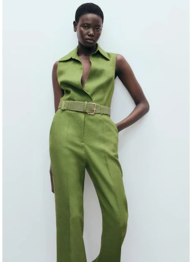 MANGO Casual Belted Linen Shirt Jumpsuit