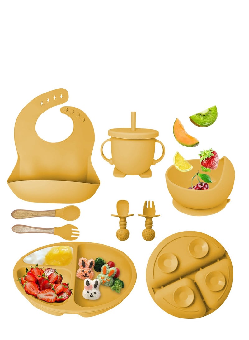 Eotia 8 pieces Baby silicone feeding set/ Children's Cutlery & tableware set/ Portable, Travel friendly/ Non-toxic Food Grade Silicone/ Baby Feeding Set/ Safe & Reusable Utensils for toddlers and kids (8 Pieces/ Compartment Plate, Bowl, Short Fork & Spoon, Water Cup, Bib, Long Fork & Spoon)  - Image 1