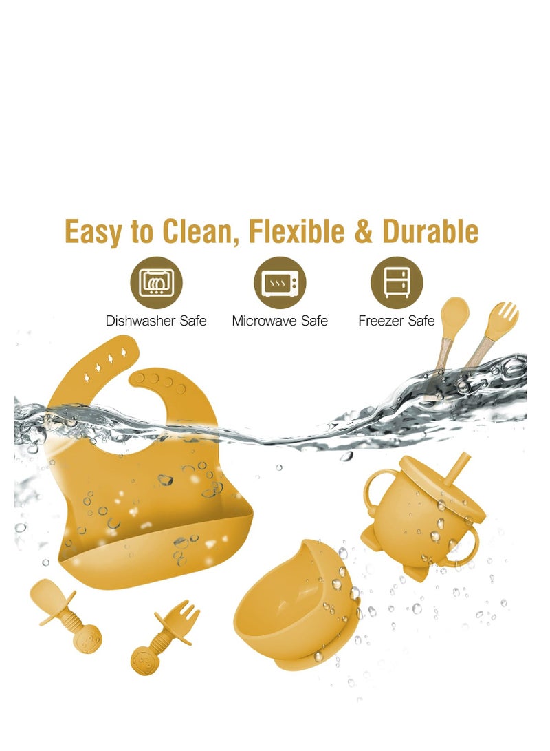 Eotia 8 pieces Baby silicone feeding set/ Children's Cutlery & tableware set/ Portable, Travel friendly/ Non-toxic Food Grade Silicone/ Baby Feeding Set/ Safe & Reusable Utensils for toddlers and kids (8 Pieces/ Compartment Plate, Bowl, Short Fork & Spoon, Water Cup, Bib, Long Fork & Spoon)  - Image 3