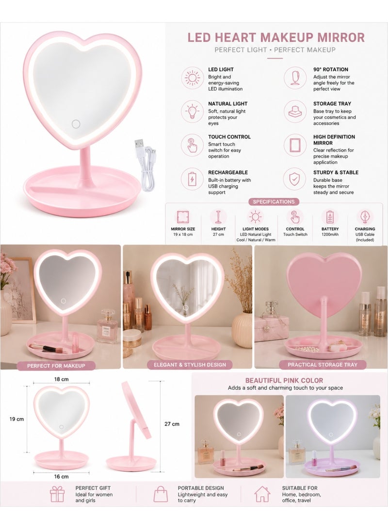 Pink Heart-Shaped Rechargeable Led Vanity Makeup Mirror With 3 Adjustable Light Modes, Touch Control, 90° Rotation & Storage Tray - Image 3