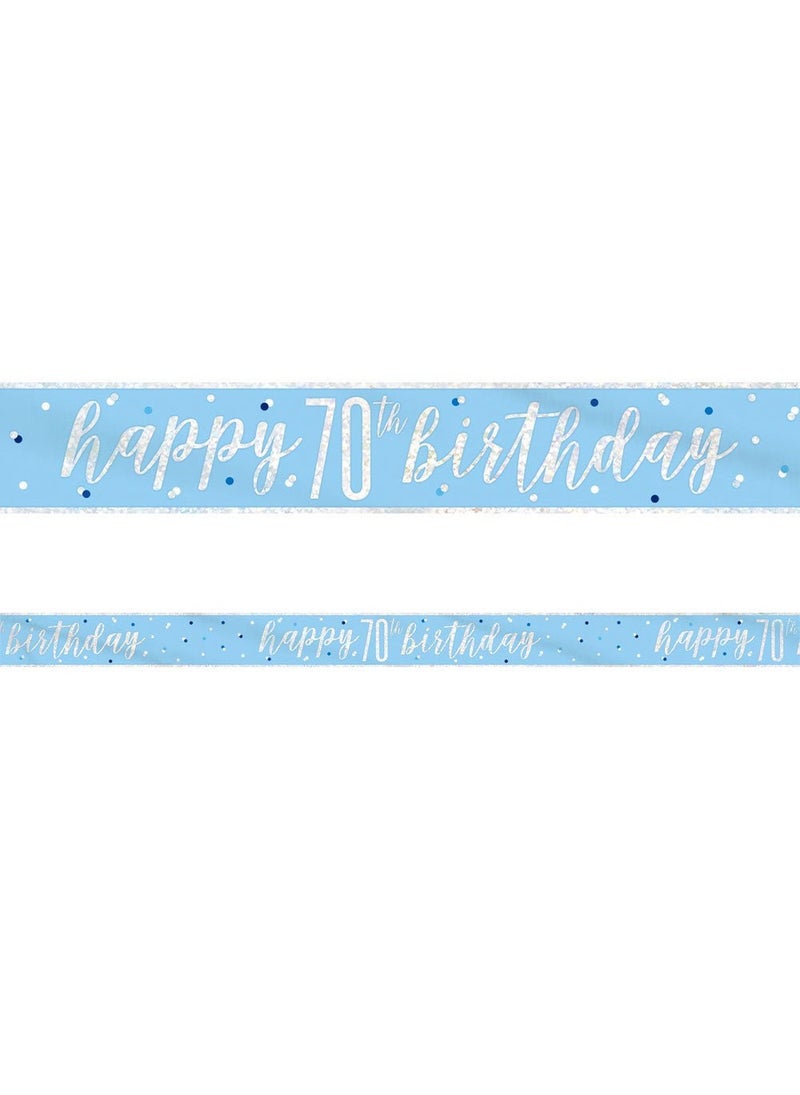 Unique Happy 70th Birthday Anniversary Banner Blue Silver Holographic 274cm