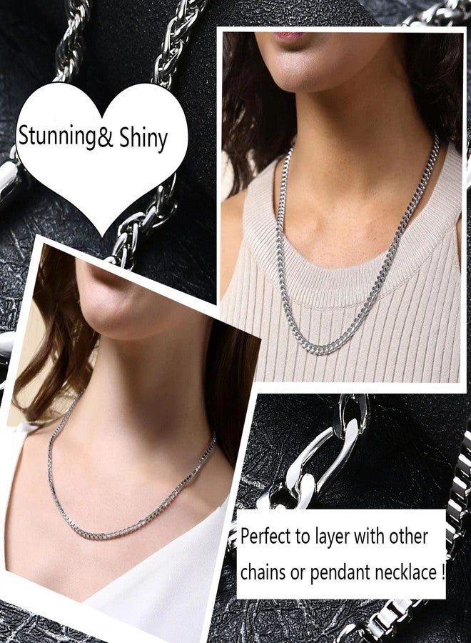 OLARCU 6 Pcs Silver Chains, Stainless Steel Cuban Link /Rope/Box/Figaro/Square Rolo/Wheat Chain Necklace Jewelry Set for Women, Stainless Steel, No Gemstone - Image 3