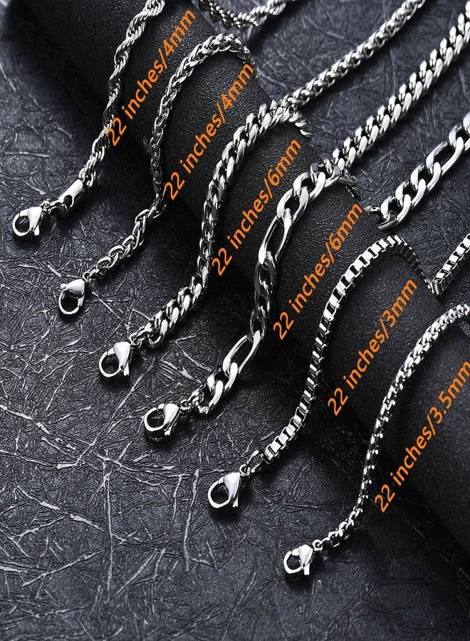 OLARCU 6 Pcs Silver Chains, Stainless Steel Cuban Link /Rope/Box/Figaro/Square Rolo/Wheat Chain Necklace Jewelry Set for Women, Stainless Steel, No Gemstone - Image 2