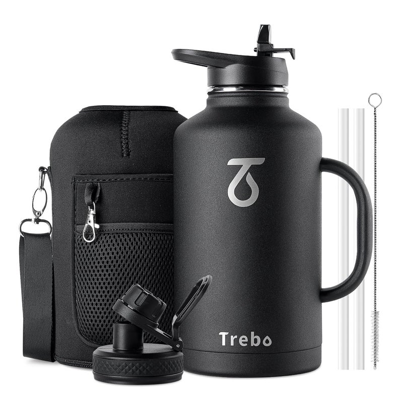 Trebo 64 oz Water Bottle Insulated with Handle, Half Gallon Stainless Steel Metal Large Water Jug, Travel Flask with Straw Spout Lid, Wide Mouth Mug with Carry Pouch, Keep Cold Hot, Black - Image 1
