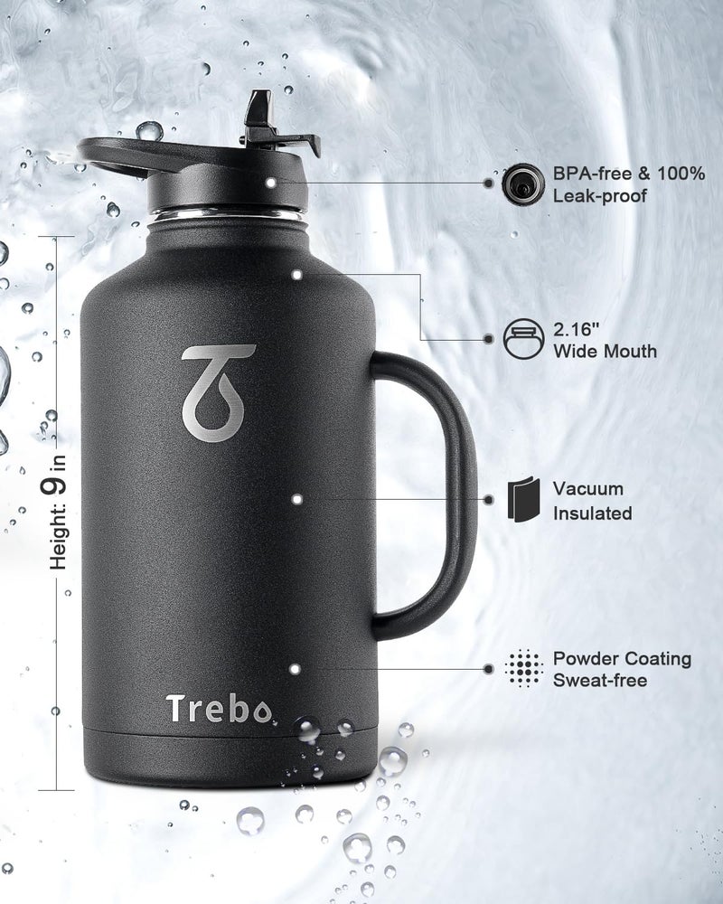 Trebo 64 oz Water Bottle Insulated with Handle, Half Gallon Stainless Steel Metal Large Water Jug, Travel Flask with Straw Spout Lid, Wide Mouth Mug with Carry Pouch, Keep Cold Hot, Black - Image 4
