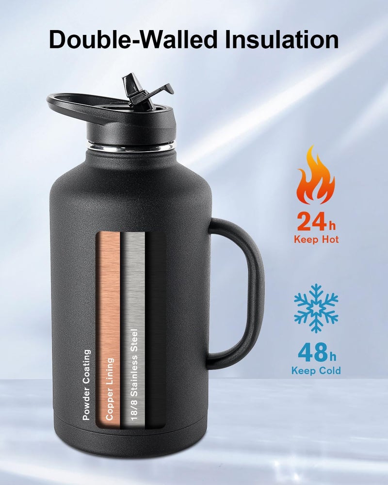 Trebo 64 oz Water Bottle Insulated with Handle, Half Gallon Stainless Steel Metal Large Water Jug, Travel Flask with Straw Spout Lid, Wide Mouth Mug with Carry Pouch, Keep Cold Hot, Black - Image 2