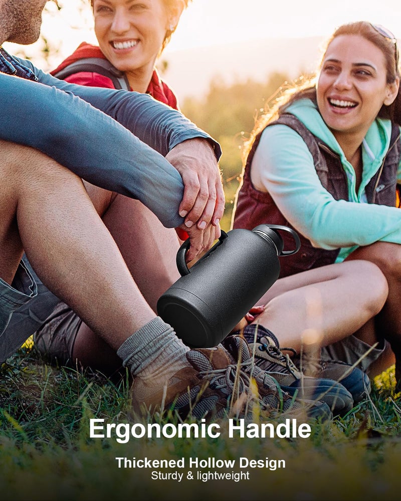 Trebo 64 oz Water Bottle Insulated with Handle, Half Gallon Stainless Steel Metal Large Water Jug, Travel Flask with Straw Spout Lid, Wide Mouth Mug with Carry Pouch, Keep Cold Hot, Black - Image 5