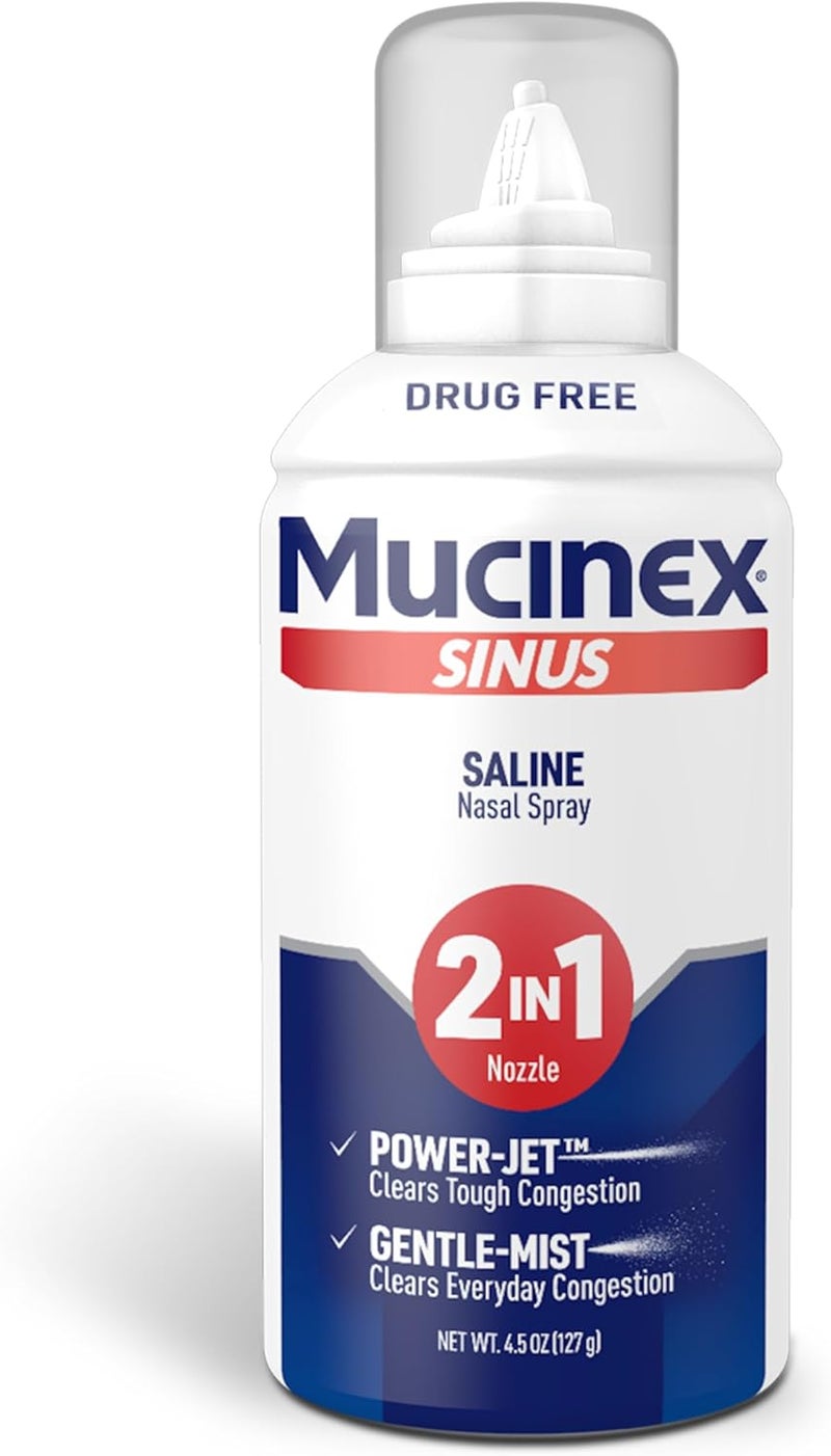 MUCINEX بخاخ أنف ملحي للجيوب الأنفية - شطف الجيوب الأنفية - خالي من الأدوية - خالي من الإضافات - غير مسبب للنعاس - ري أنفي مع فوهة بخاخ رذاذ مزدوج 2 في 1 لموسم البرد والحساسية - 45 أونصة من محلول الملح البخاخ - Image 1