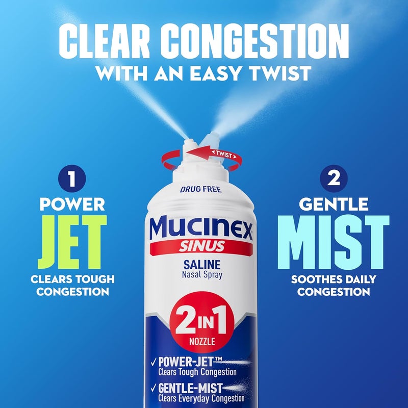 MUCINEX بخاخ أنف ملحي للجيوب الأنفية - شطف الجيوب الأنفية - خالي من الأدوية - خالي من الإضافات - غير مسبب للنعاس - ري أنفي مع فوهة بخاخ رذاذ مزدوج 2 في 1 لموسم البرد والحساسية - 45 أونصة من محلول الملح البخاخ - Image 3