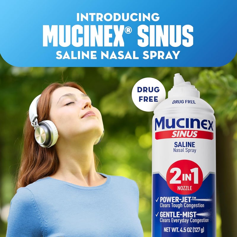 MUCINEX بخاخ أنف ملحي للجيوب الأنفية - شطف الجيوب الأنفية - خالي من الأدوية - خالي من الإضافات - غير مسبب للنعاس - ري أنفي مع فوهة بخاخ رذاذ مزدوج 2 في 1 لموسم البرد والحساسية - 45 أونصة من محلول الملح البخاخ - Image 2