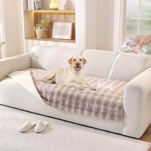 Hittun Waterproof Dog Bed Cover Non Slip Couch Covers for Dogs Washable Soft Faux Fur Sofa Cover Couch Covers for 3 Cushion Couch Sofa Pet Friendly (Khaki) - Image 1