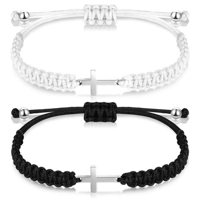 Sureio Cross Friendship Bracelet Adjustable Braided Rope Jesus Christian Cross Bracelets Matching Couple String Lucky Strand BFF Wristband for Women Men Boy Girls Easter Baptism(White/Black) - Image 1