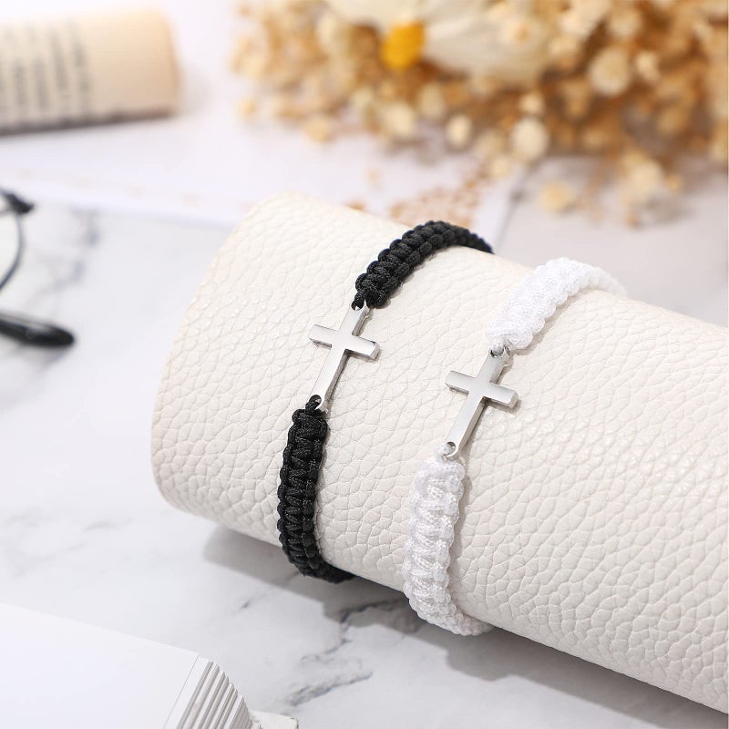 Sureio Cross Friendship Bracelet Adjustable Braided Rope Jesus Christian Cross Bracelets Matching Couple String Lucky Strand BFF Wristband for Women Men Boy Girls Easter Baptism(White/Black) - Image 2