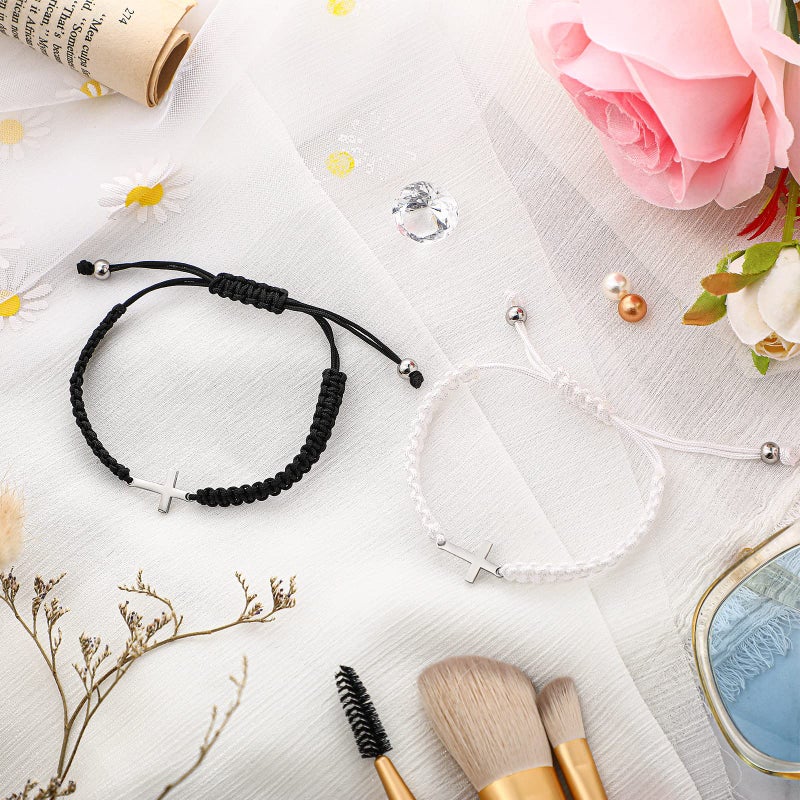 Sureio Cross Friendship Bracelet Adjustable Braided Rope Jesus Christian Cross Bracelets Matching Couple String Lucky Strand BFF Wristband for Women Men Boy Girls Easter Baptism(White/Black) - Image 4
